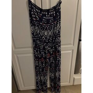 Tori Richard Honolulu Strapless Jumpsuit‎ Ikat Print Navy Blue M